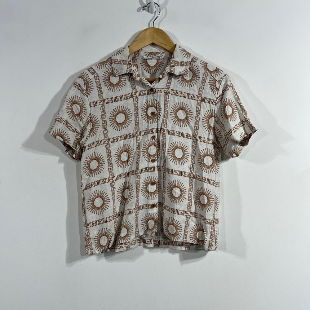 Jane + Delancey Celestial Whimsigoth Linen Sun Greek Key Print Shirt Size Medium